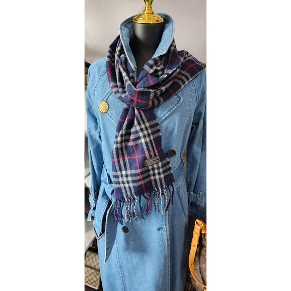 Burberry Accessories - BURBERRYs of London 100% Lambswool Blue Scarf Shawl Nova Check Vintage